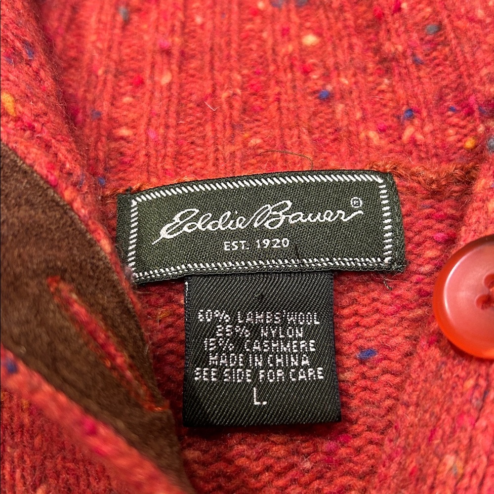 Eddie Bauer Red/Orange Tweed Cardigan Wool/Cashmere with Leather Accents | Sz L - Picture 2 of 8